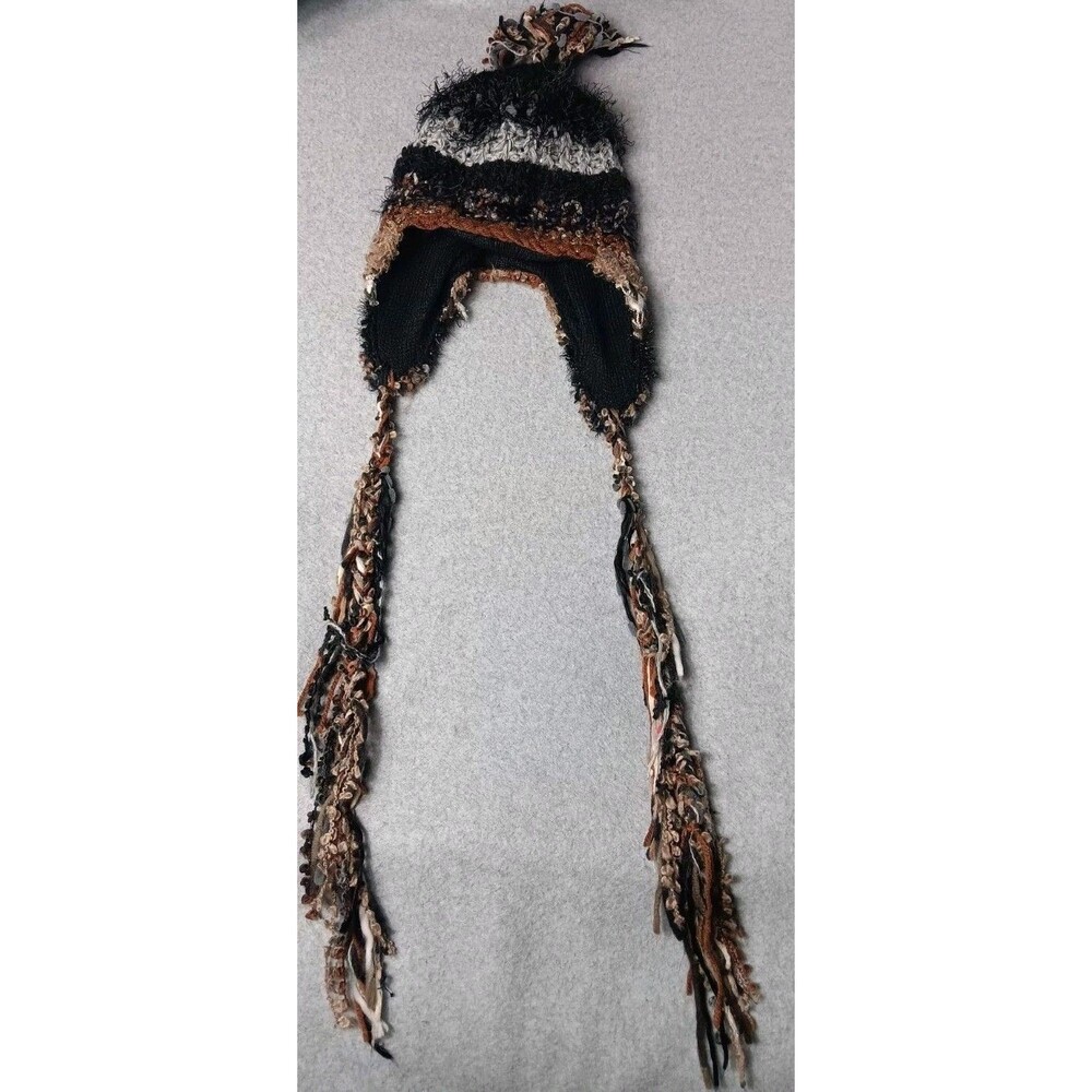 Steve Madden Ear Flap Trapper Beanie OS Chunky Knit Tassel Boho Goblincore Fuzzy